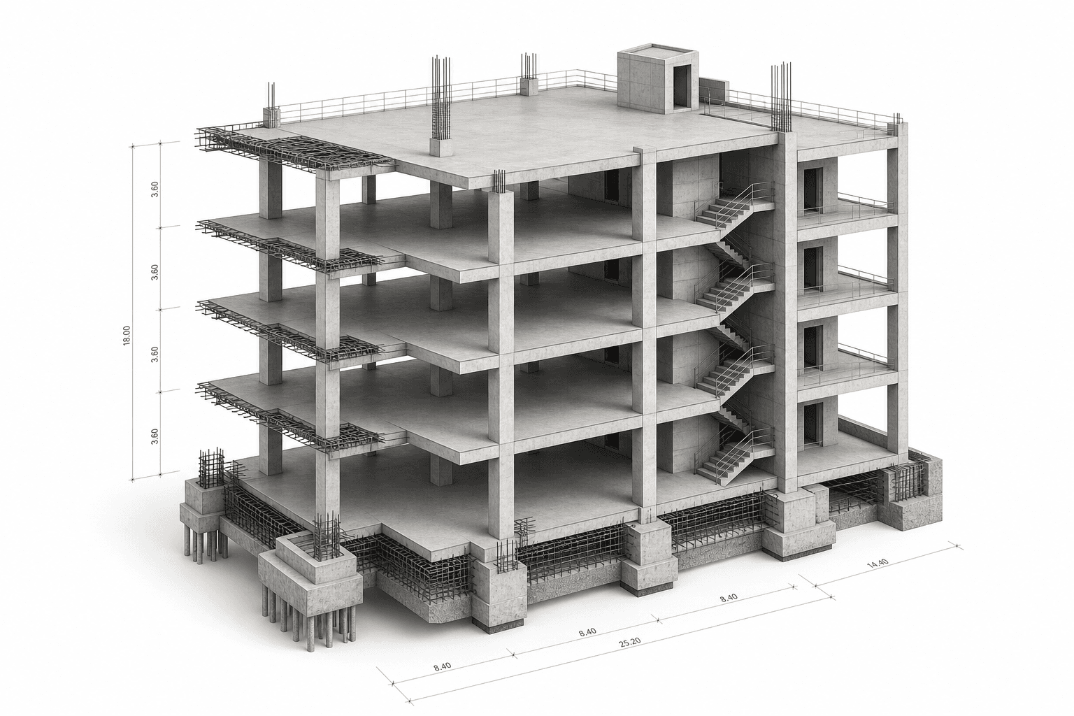 Connected reinforced-concrete building model representing project, cost, and site information