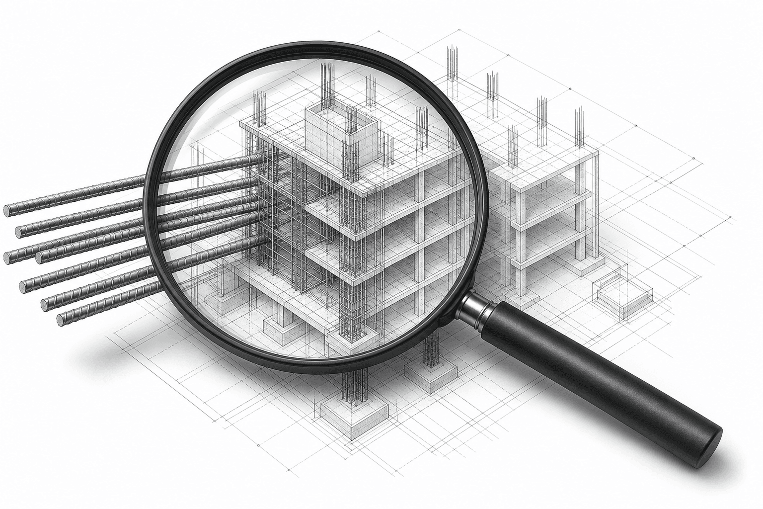 Magnifying glass examining construction drawings and reinforced-concrete details
