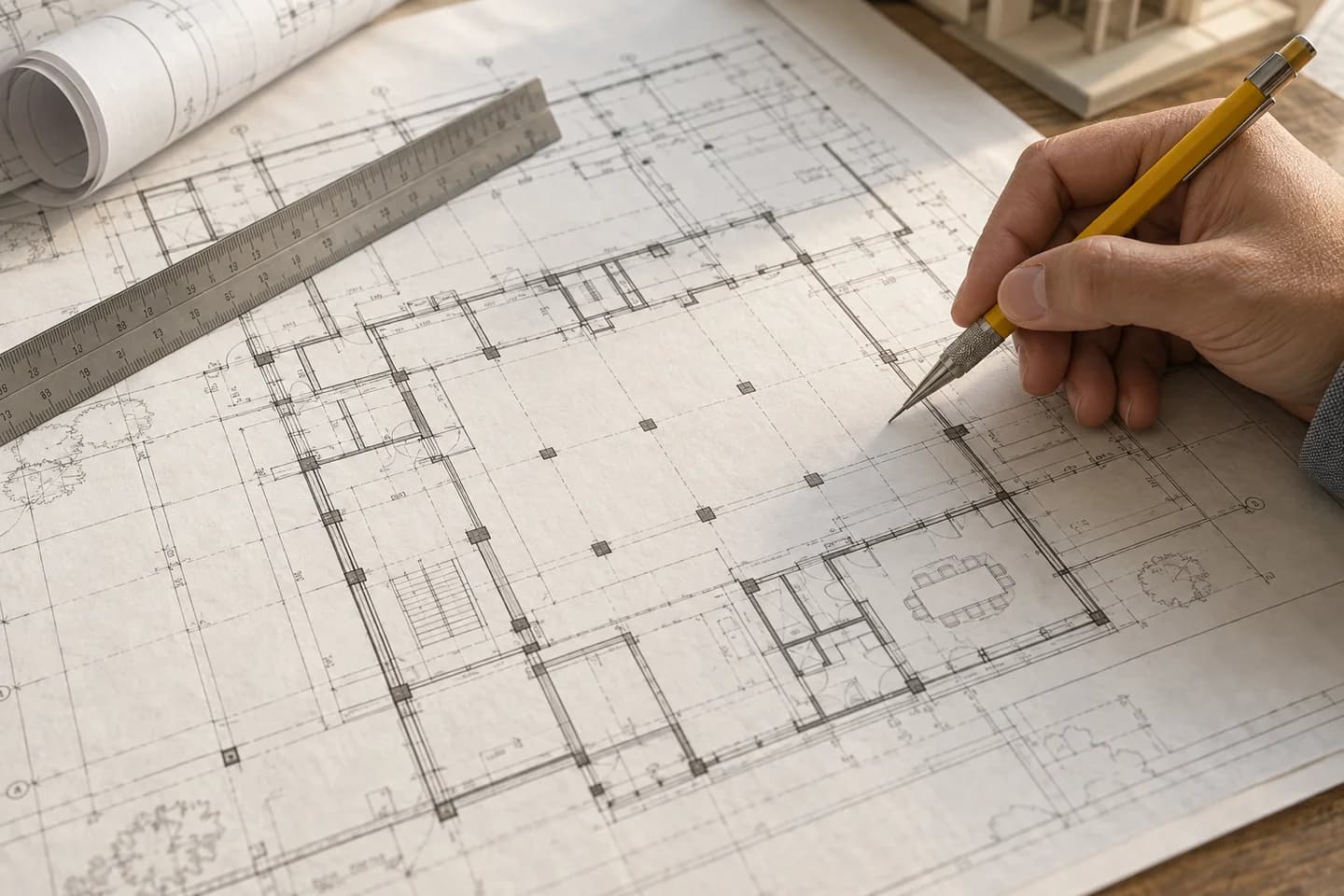 Close-up of an engineer reviewing structural plan details with a pencil and scale ruler