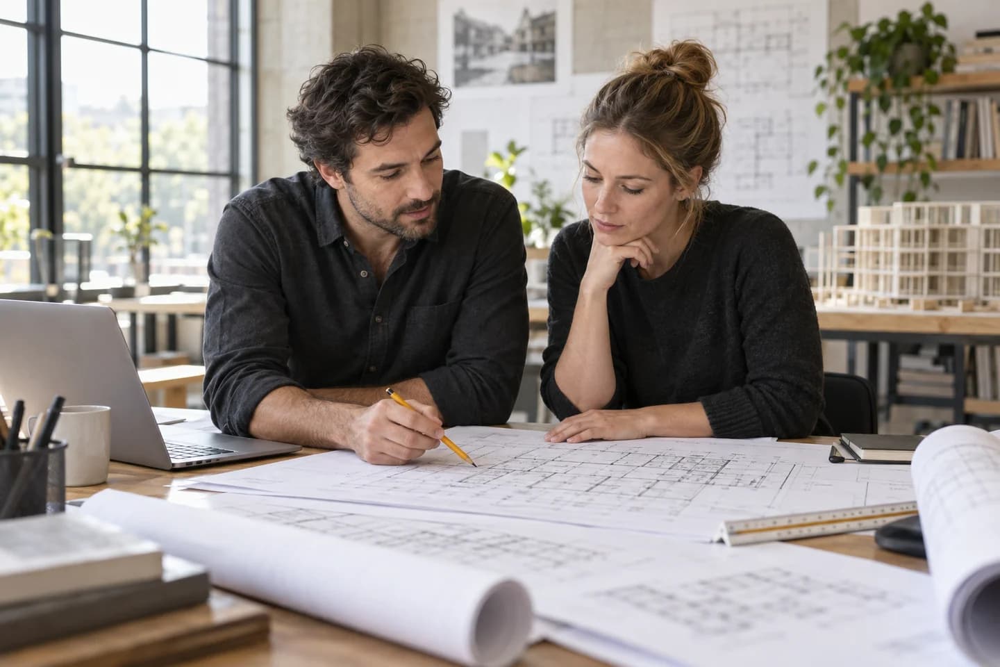 Architects collaborating over building plans in their studio