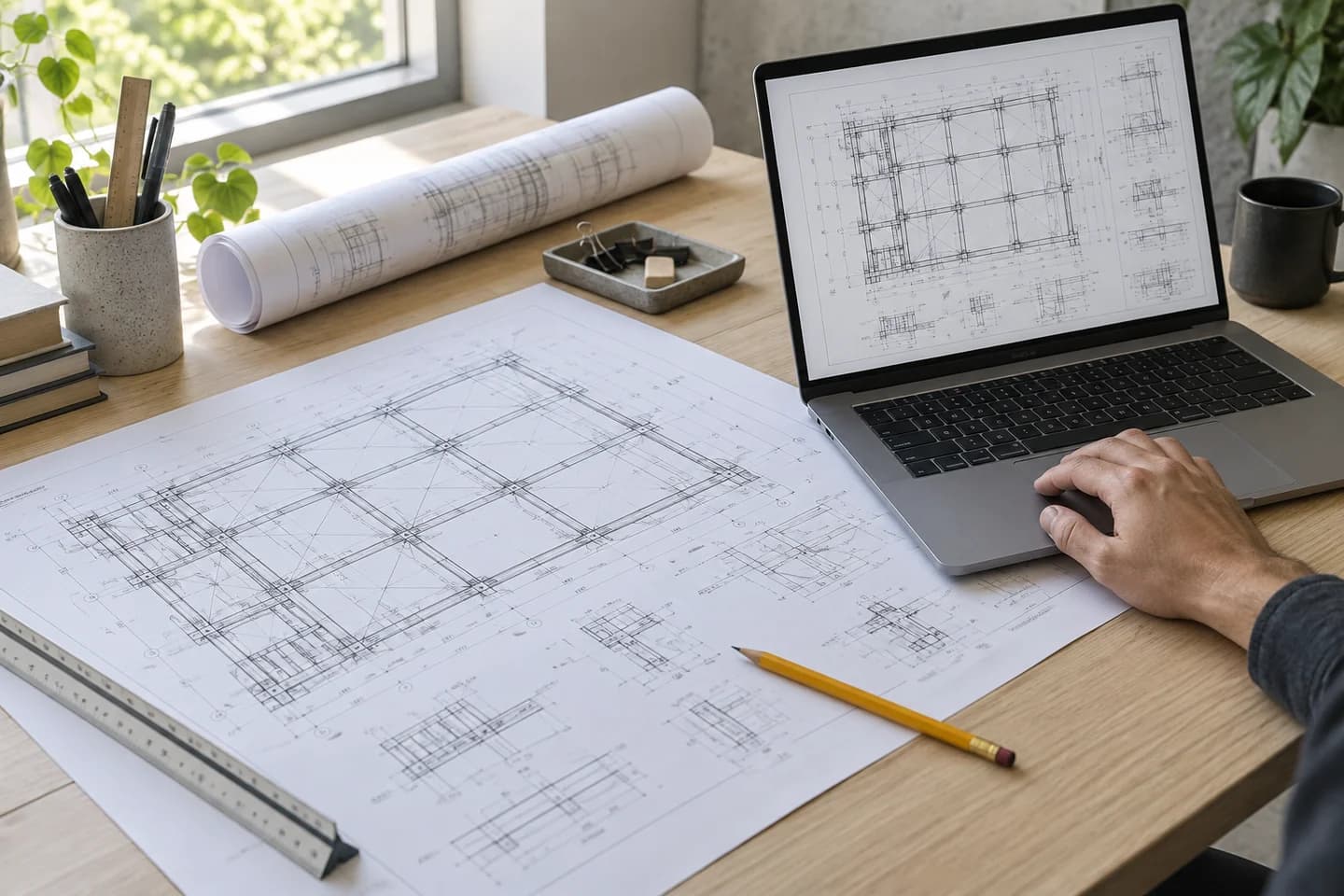 Architect working with printed floor plans, a laptop and drawing tools