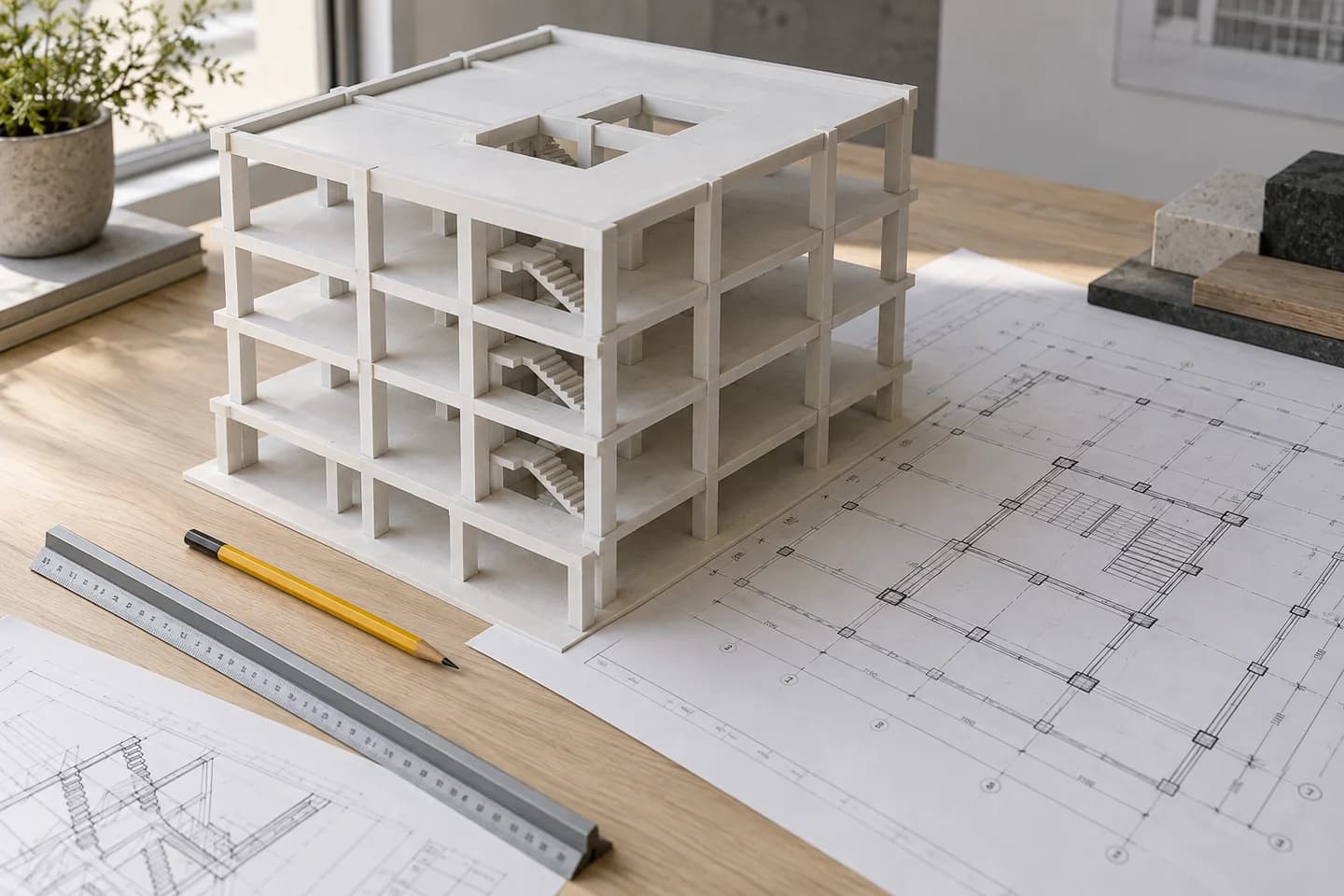 Physical architectural structural model beside printed 2D floor plans on a studio desk
