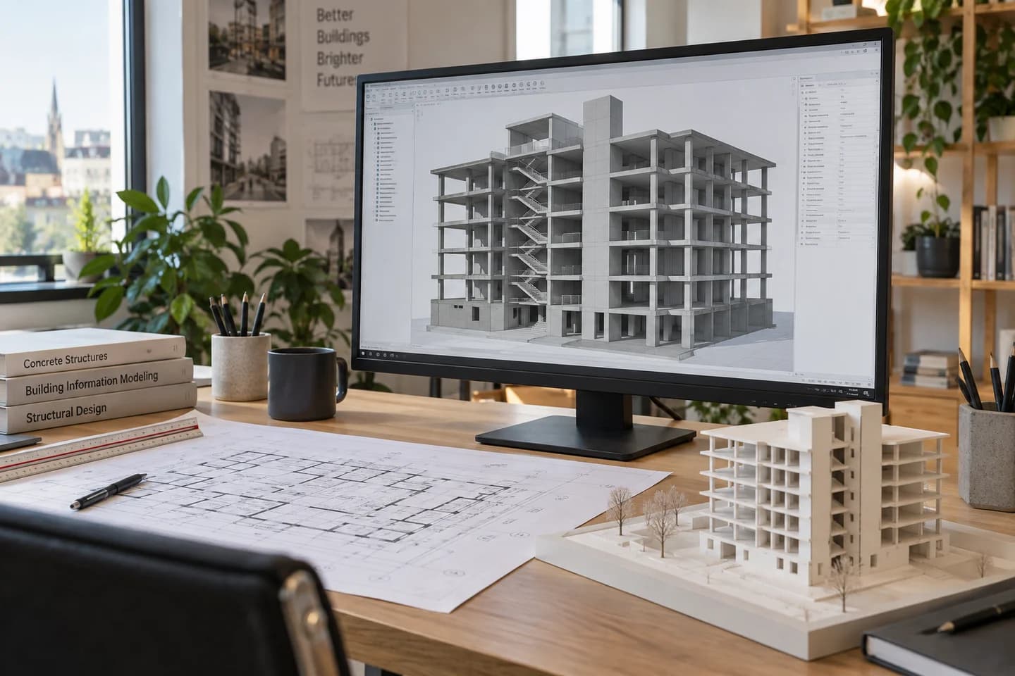 Architectural workstation with a 3D structural model, printed plans and a physical study model